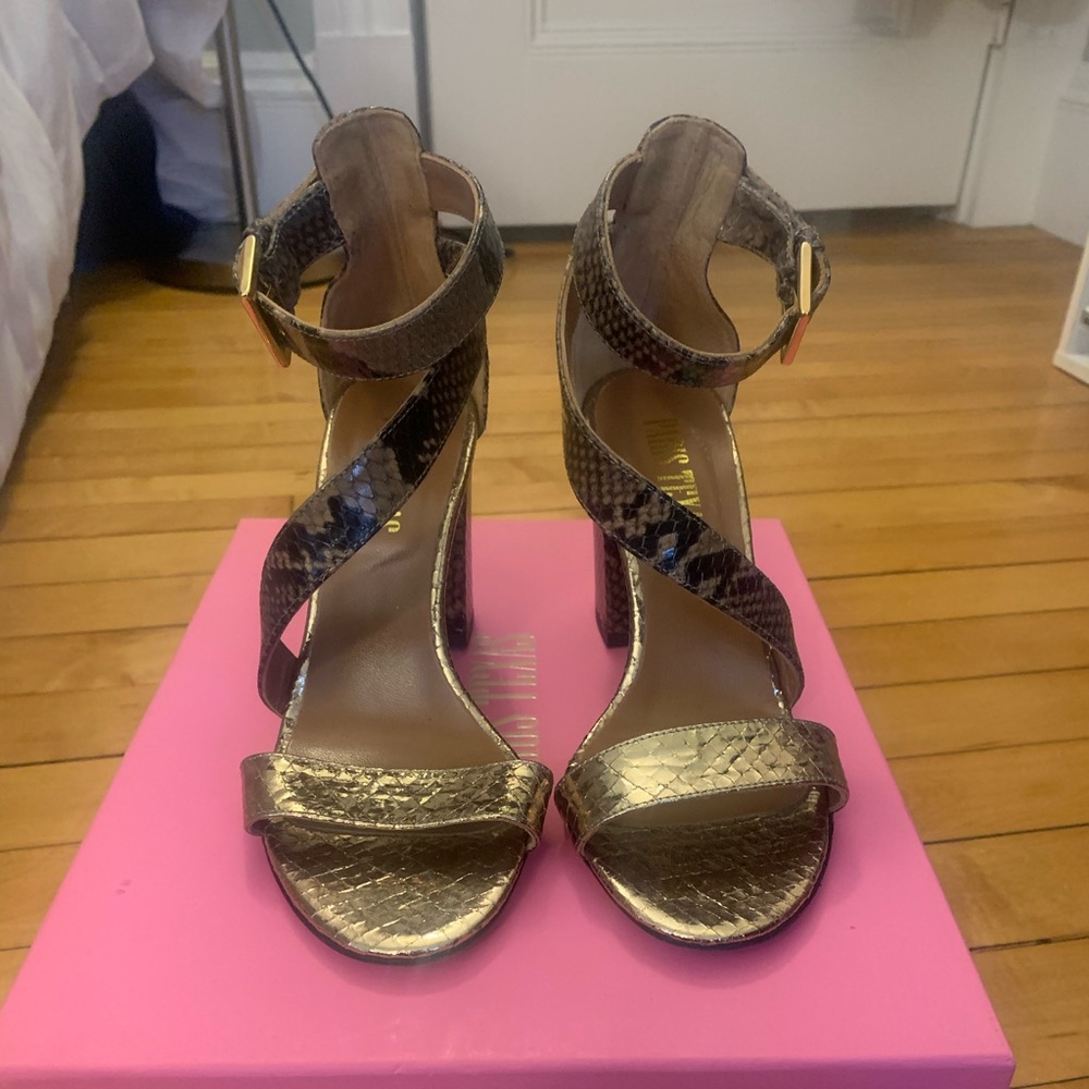 PARIS TEXAS SOLD OUT GOLD AND SNAKE PRINT HEELS